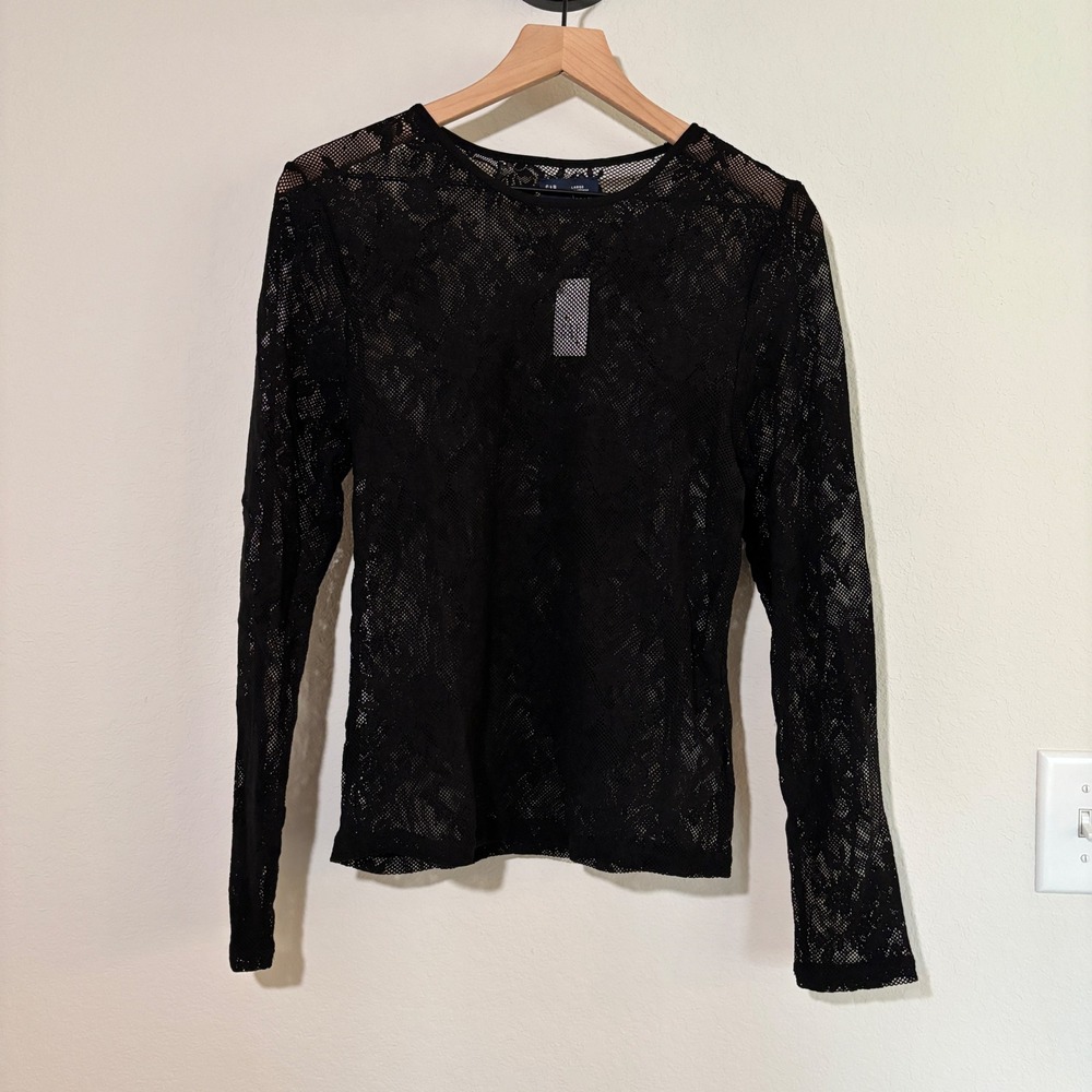 Gap Top Sheer Floral Lace Mesh Large Black Goth Grunge Whimsigoth